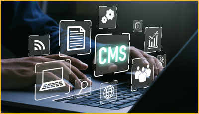 CMS und Internet Icons unterlegt mit Bild von Mann an Laptop