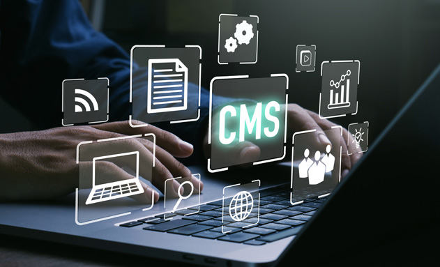 CMS und Internet Icons unterlegt mit Bild von Mann an Laptop